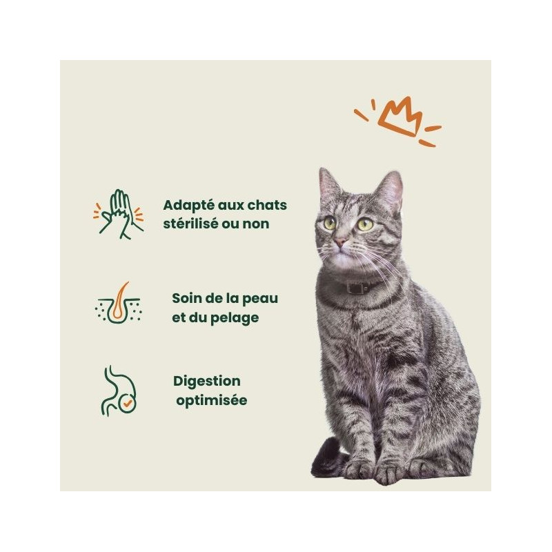 Croquettes super premium pour chat adulte et stérilisé au poulet saumon et riz avantages